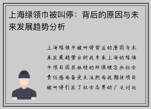 上海绿领巾被叫停：背后的原因与未来发展趋势分析